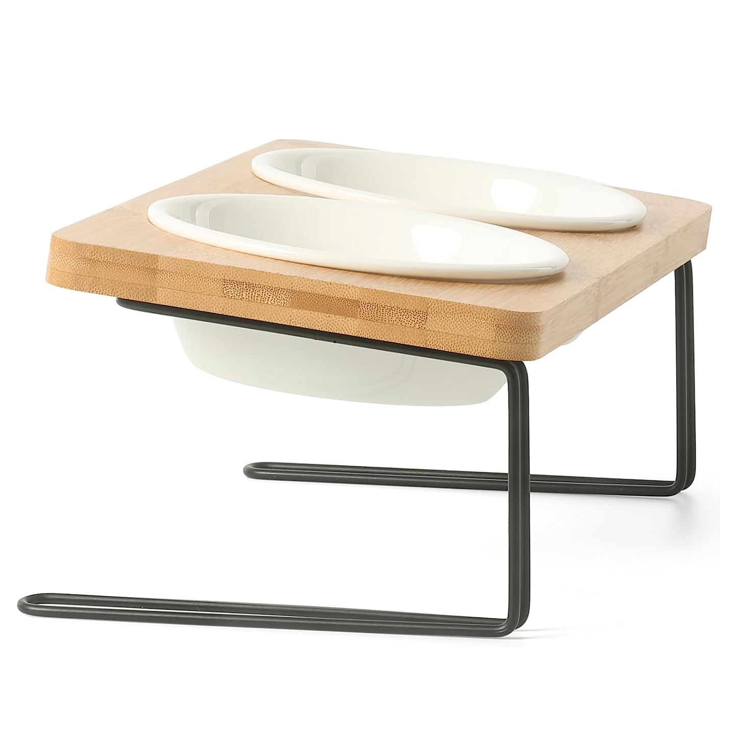 Elevated Cat Bowls - 15° Tilt, Stainless Steel, Rubber Wood Stand - Promotes Healthy Digestion, Minimizes Whisker Fatigue