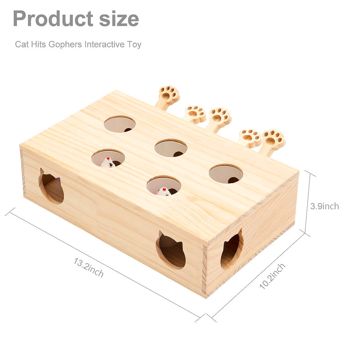 Interactive Whack-A-Mole Cat Toy - Solid Wood, Multi-Feature, Indoor Hunting Game (13.2x10.2x3.9 in)