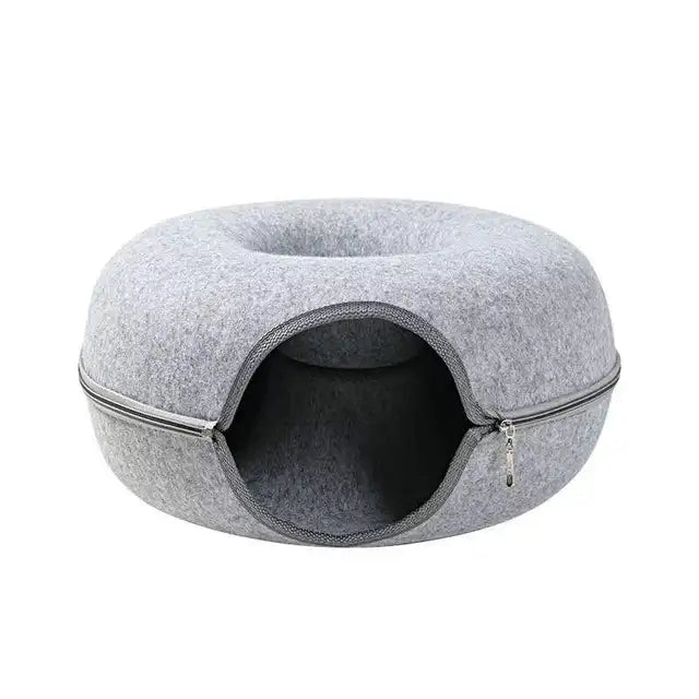Donut Cozy Cat Cave & Tunnel Bed - Interactive Play, 2 Sizes, Foldable Wool Felt