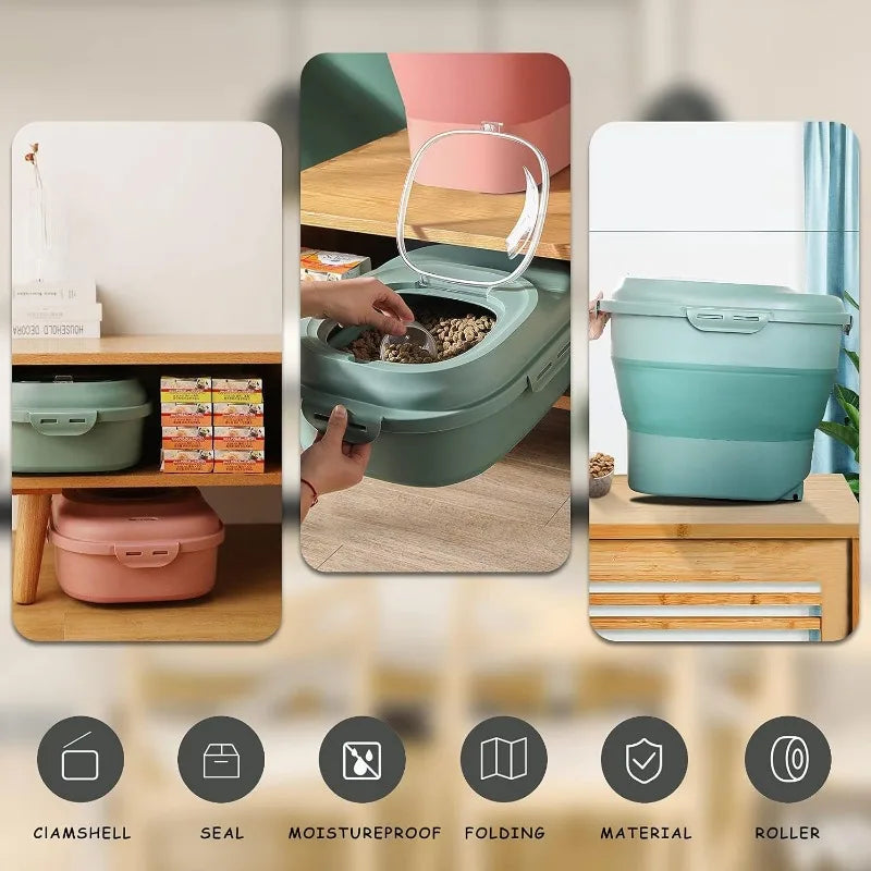 Collapsible Airtight Pet Food Container with Wheels - 30lb Capacity