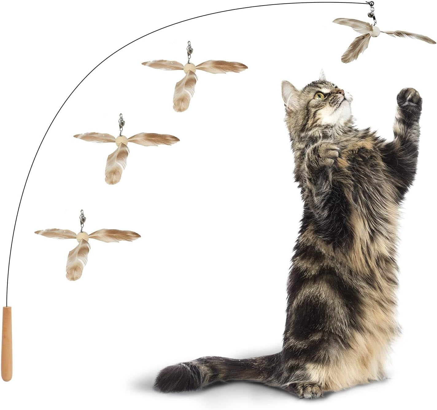Interactive Cat Feather Wand - 35.5" Long with Spinning Feathers & Bell