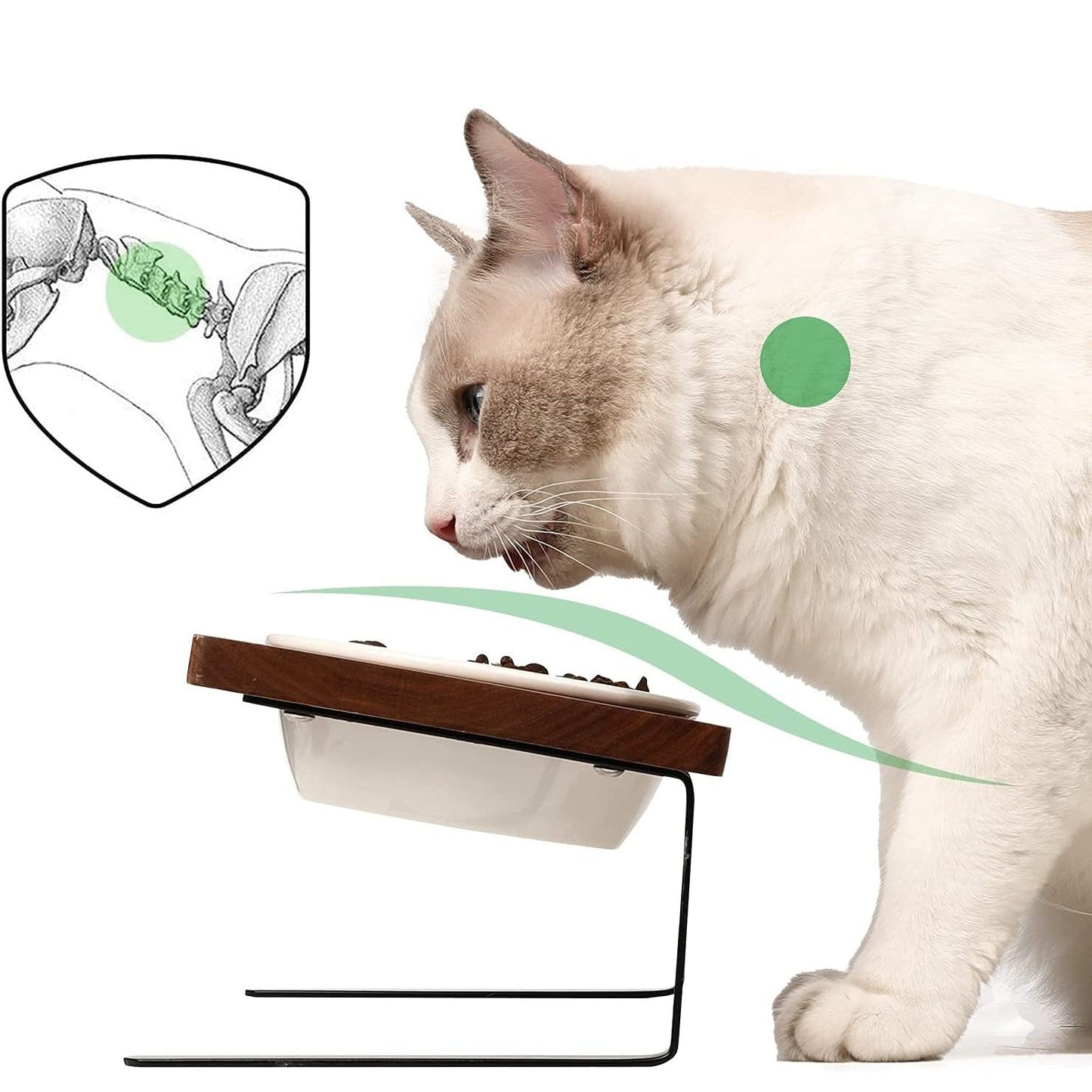 15° Tilted Ceramic Cat Bowls with Solid Walnut Stand - Elevated Food and Water Dishes for Cats and Small Dogs