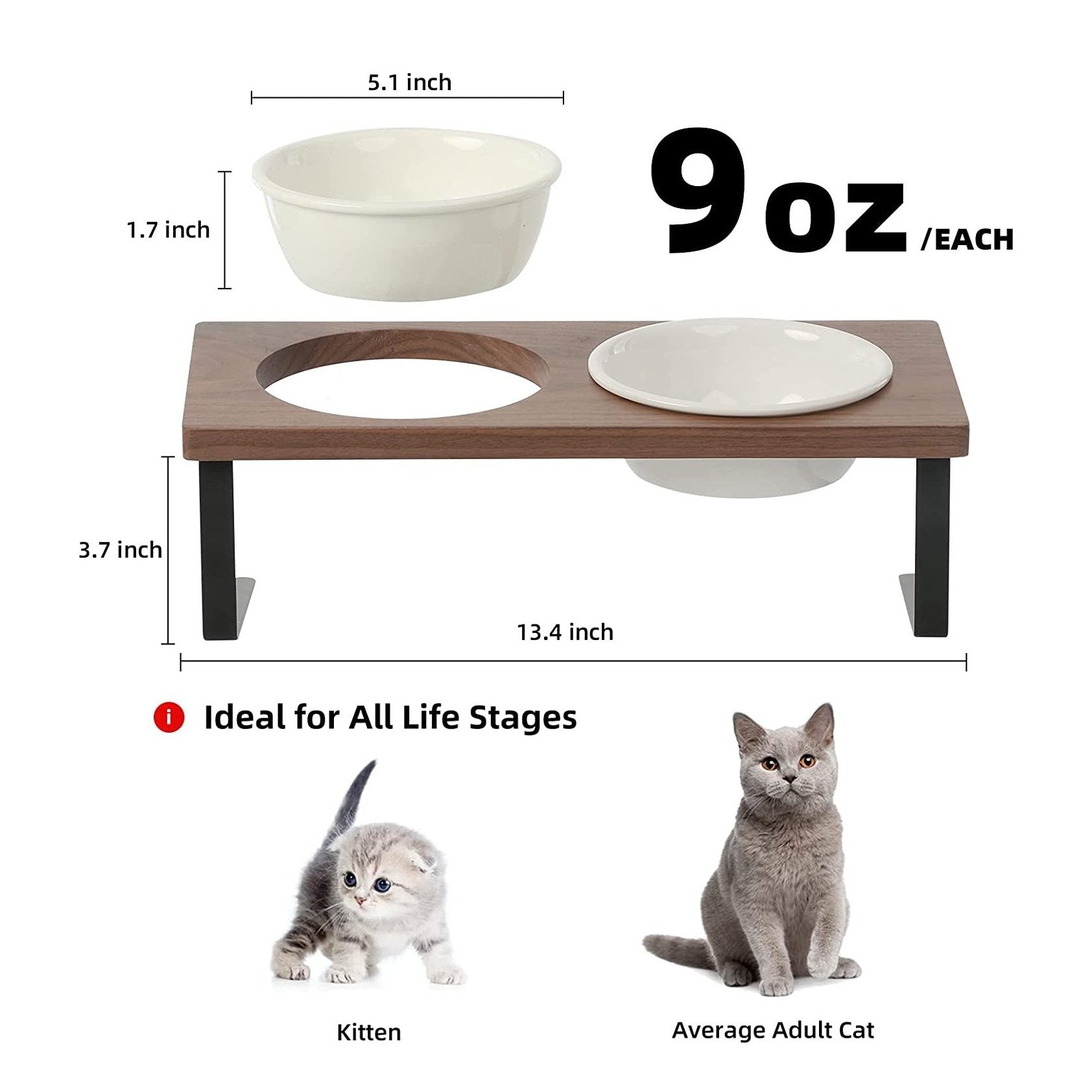 15° Tilted Ceramic Cat Bowls with Solid Walnut Stand - Elevated Food and Water Dishes for Cats and Small Dogs