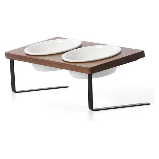 15° Tilted Ceramic Cat Bowls with Solid Walnut Stand - Elevated Food and Water Dishes for Cats and Small Dogs