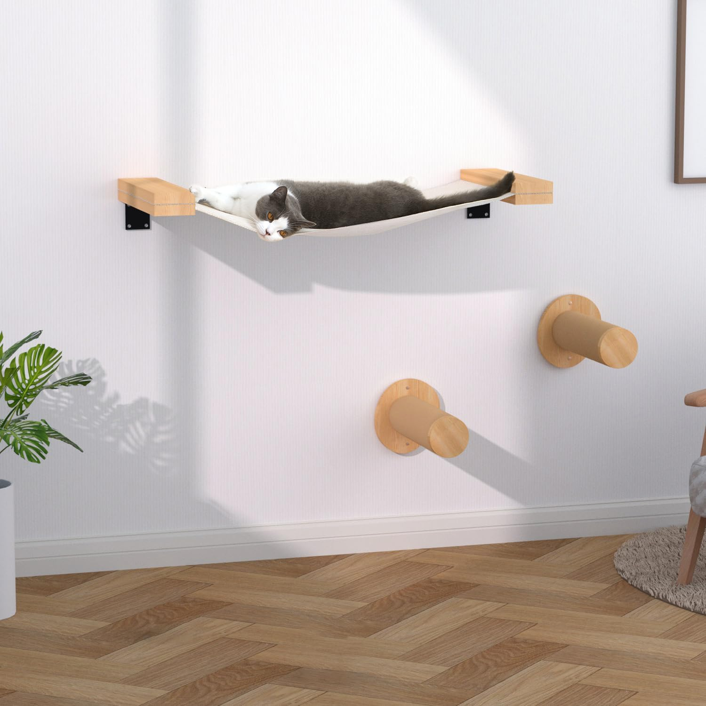 Wall-Mounted Cat Climbing Set with Hammock - Space-Saving, Solid Wood, Easy Installation