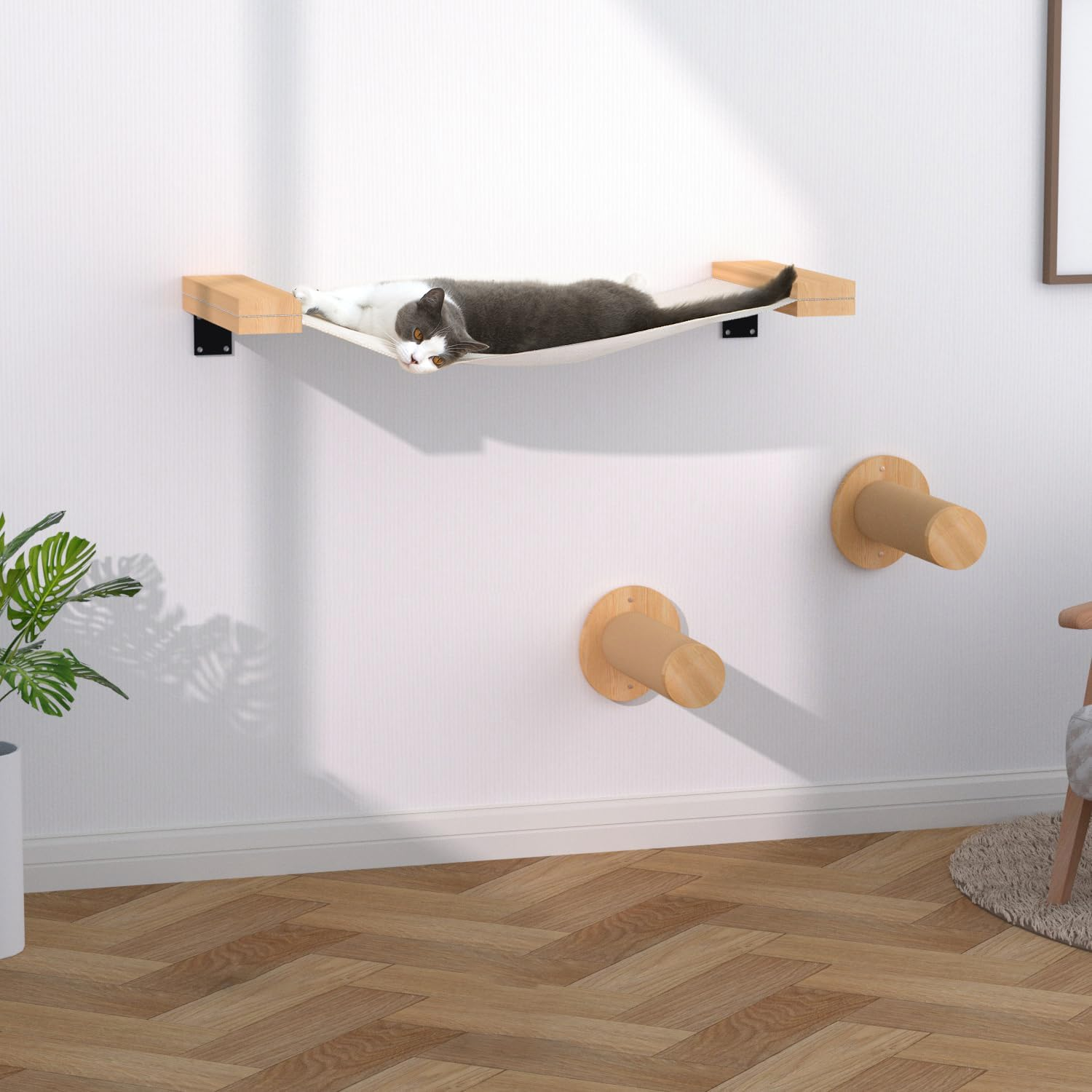 Wall-Mounted Cat Climbing Set with Hammock - Space-Saving, Solid Wood, Easy Installation