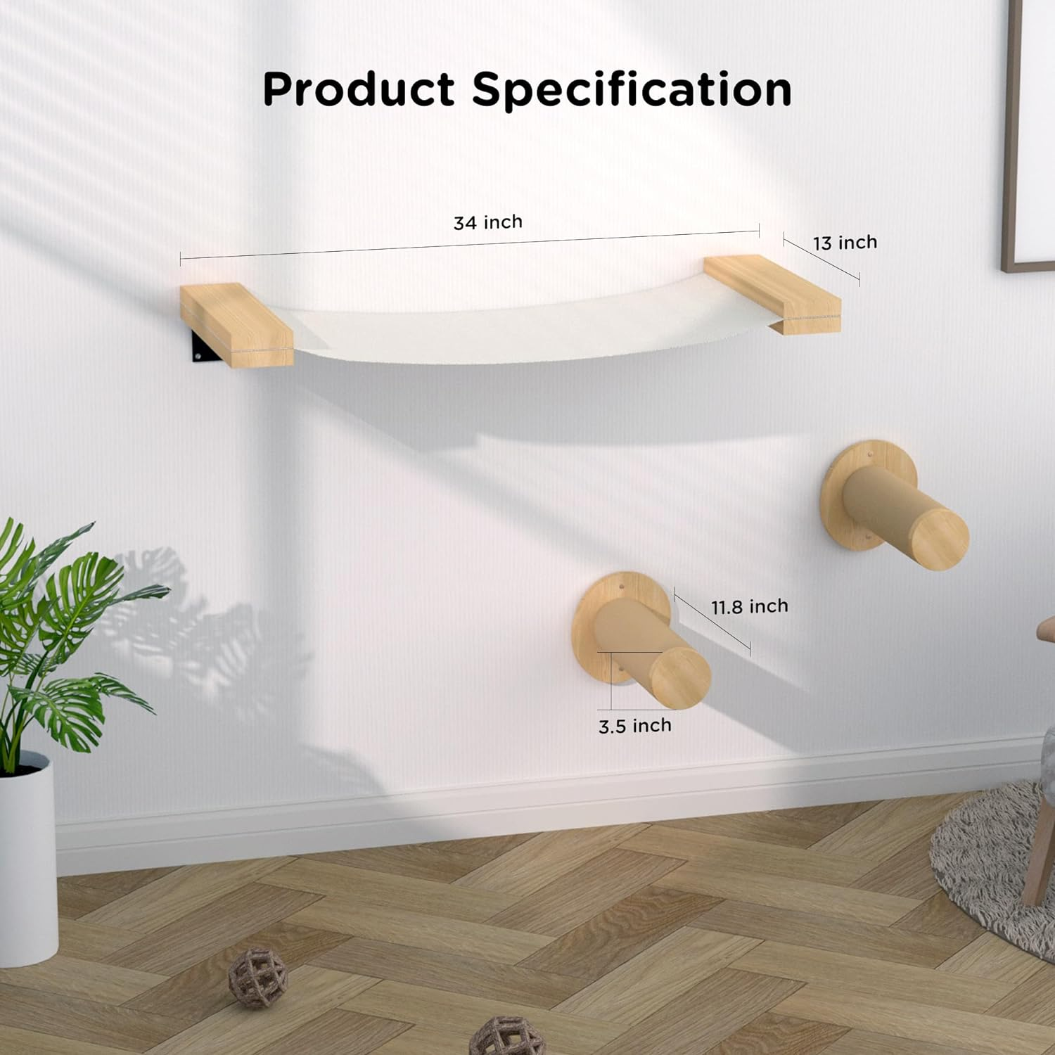 Wall-Mounted Cat Climbing Set with Hammock - Space-Saving, Solid Wood, Easy Installation