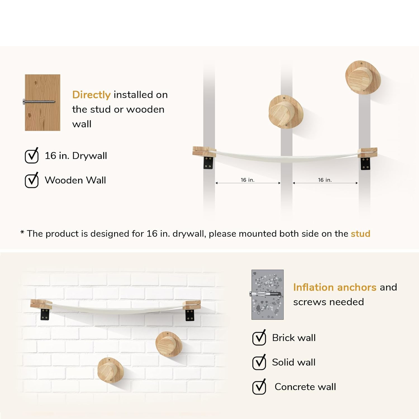 Wall-Mounted Cat Climbing Set with Hammock - Space-Saving, Solid Wood, Easy Installation