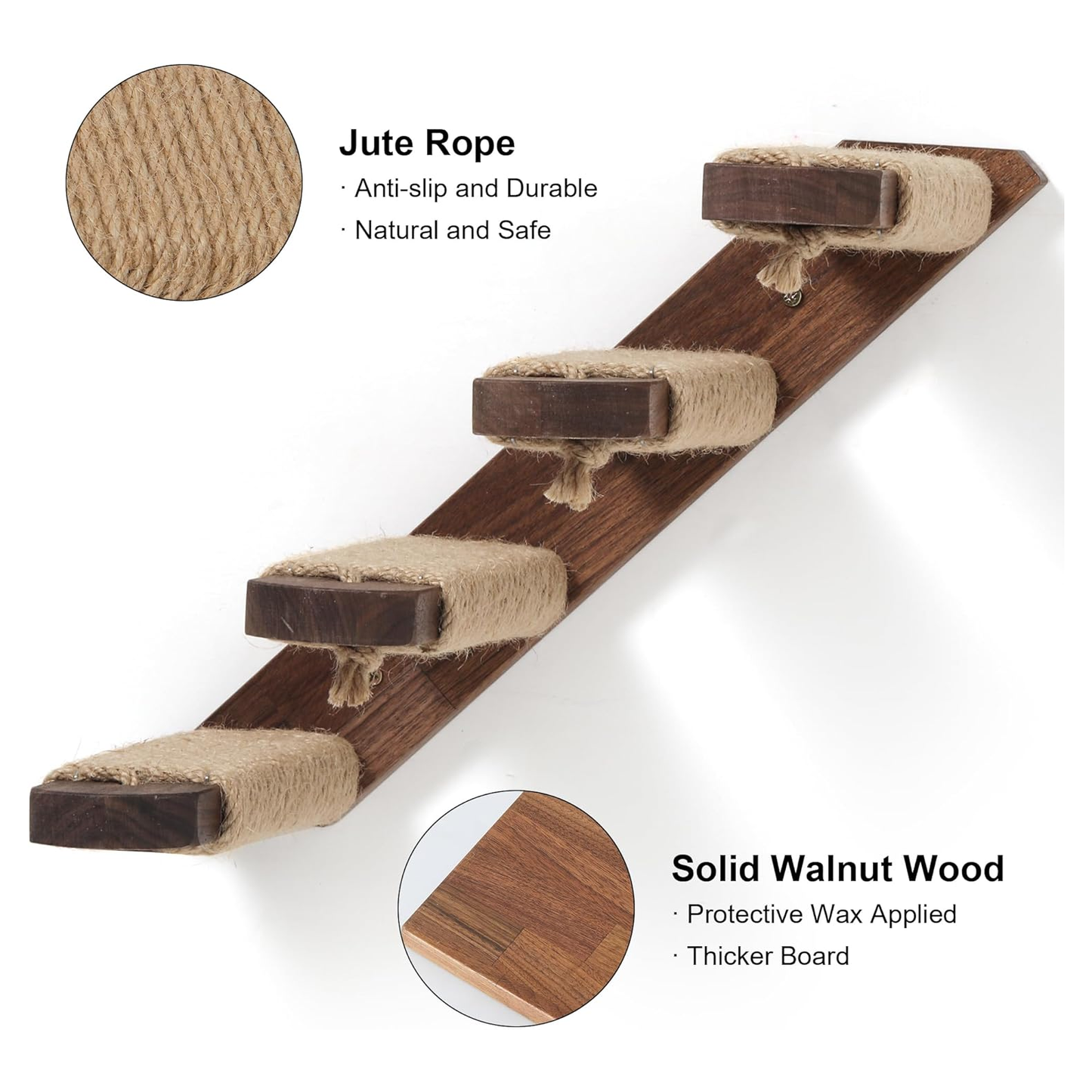 Wall-Mounted Cat Stairway with Jute Scratching Posts - 4 Steps, Solid Walnut Wood, Easy Install