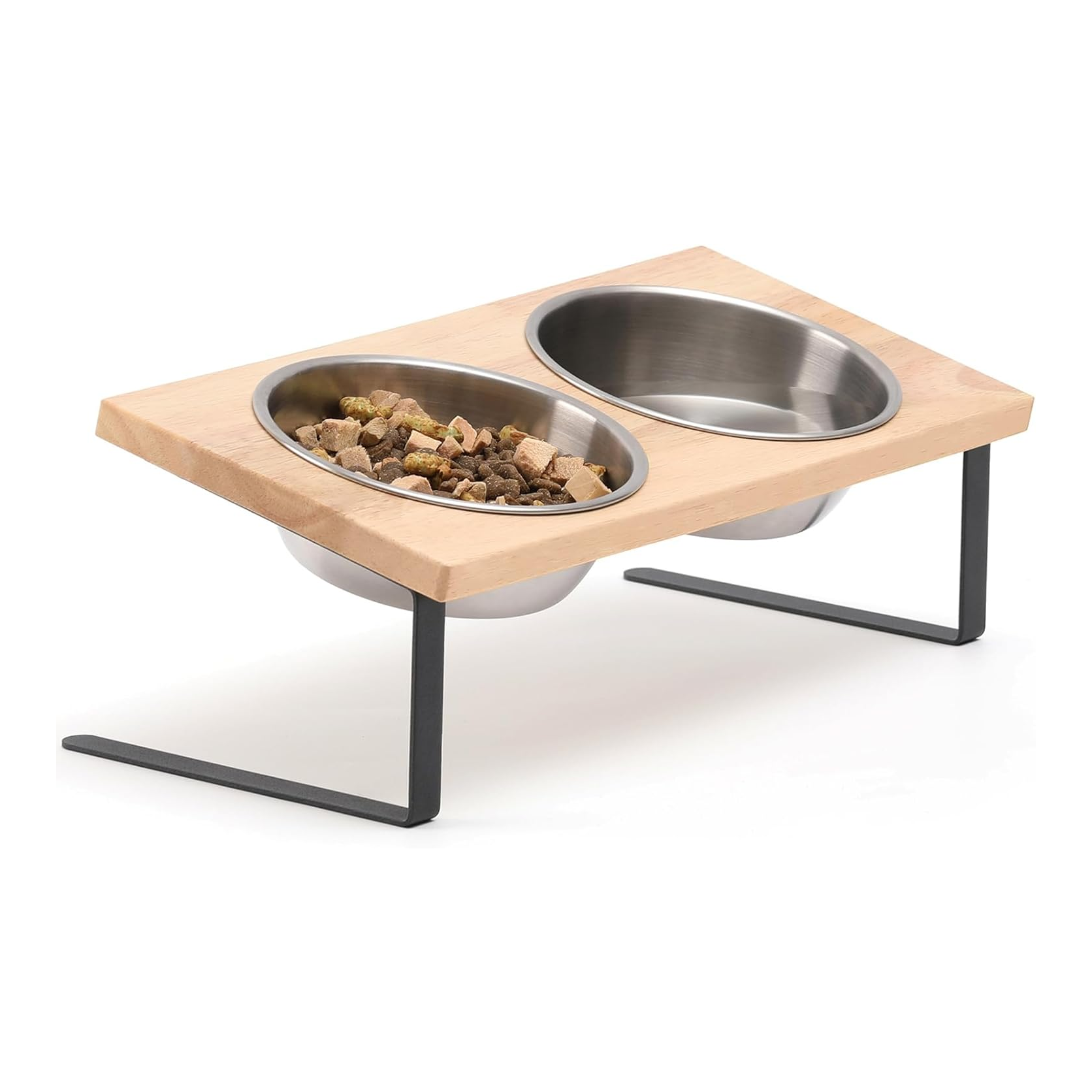 Elevated Cat Bowls - 15° Tilt, Stainless Steel, Rubber Wood Stand - Promotes Healthy Digestion, Minimizes Whisker Fatigue