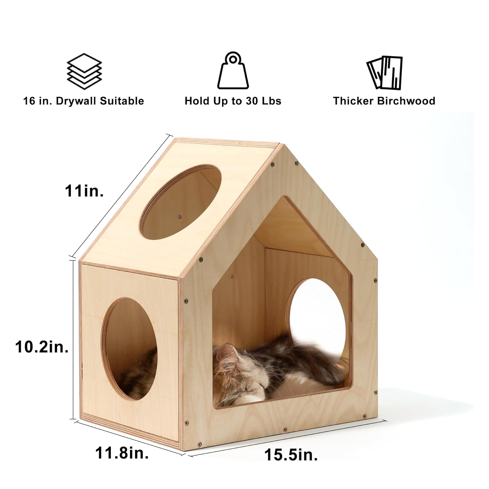Wall-Mounted Cat House and Bed with Multiple Entry Points - Spacious Birch Plywood Design (15.5" x 11.8" x 18")