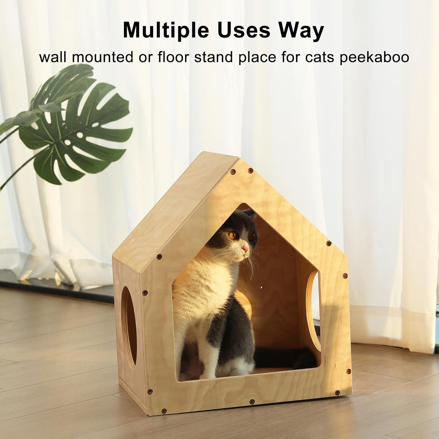 Wall-Mounted Cat House and Bed with Multiple Entry Points - Spacious Birch Plywood Design (15.5" x 11.8" x 18")