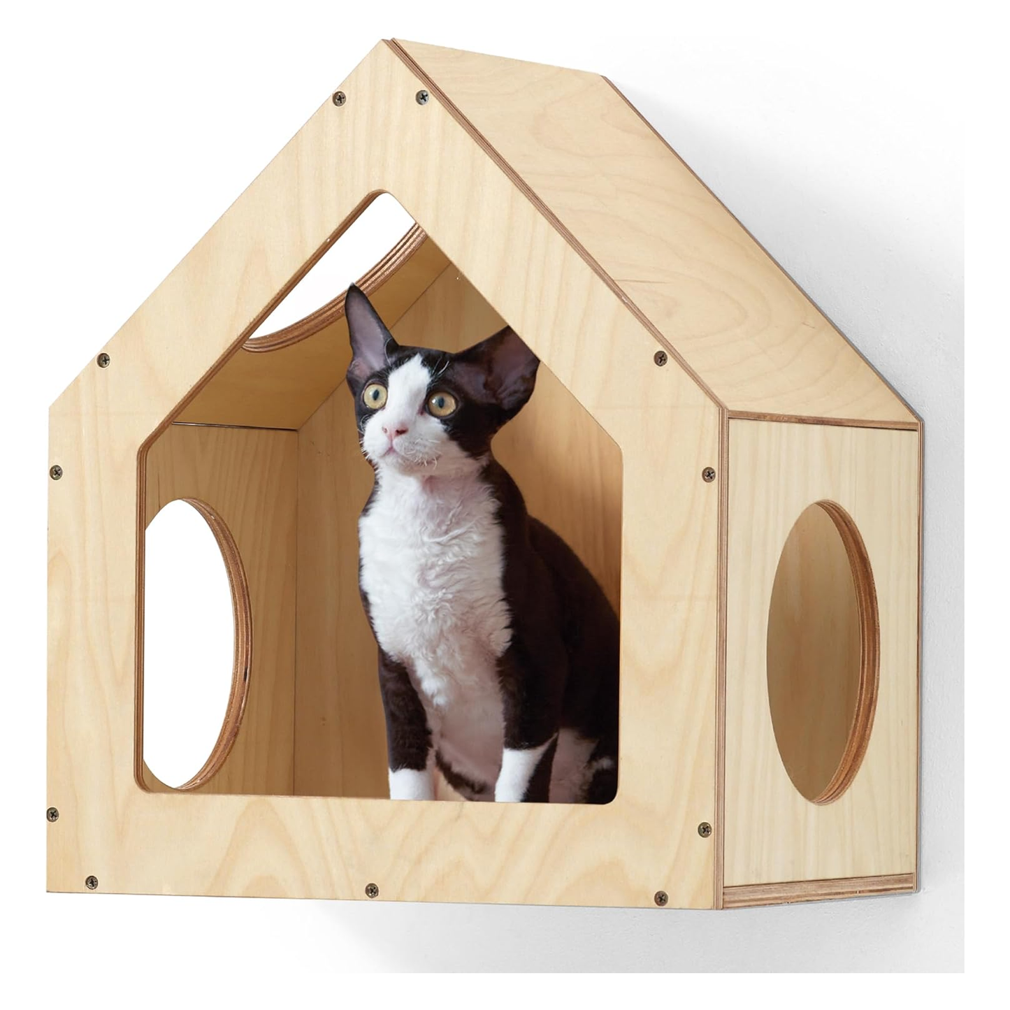 Wall-Mounted Cat House and Bed with Multiple Entry Points - Spacious Birch Plywood Design (15.5" x 11.8" x 18")