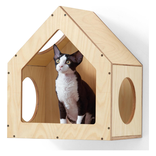 Wall-Mounted Cat House and Bed with Multiple Entry Points - Spacious Birch Plywood Design (15.5" x 11.8" x 18")