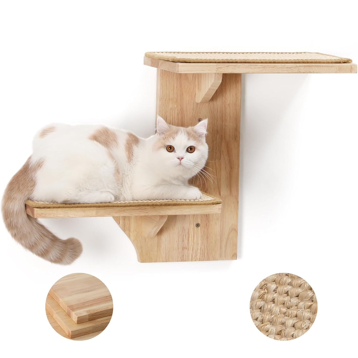 Tree-Shaped Cat Wall Shelves with Sisal Scratching Mat - Sturdy Rubber Wood Climbing Furniture for Large Cats (Holds up to 10 lbs)