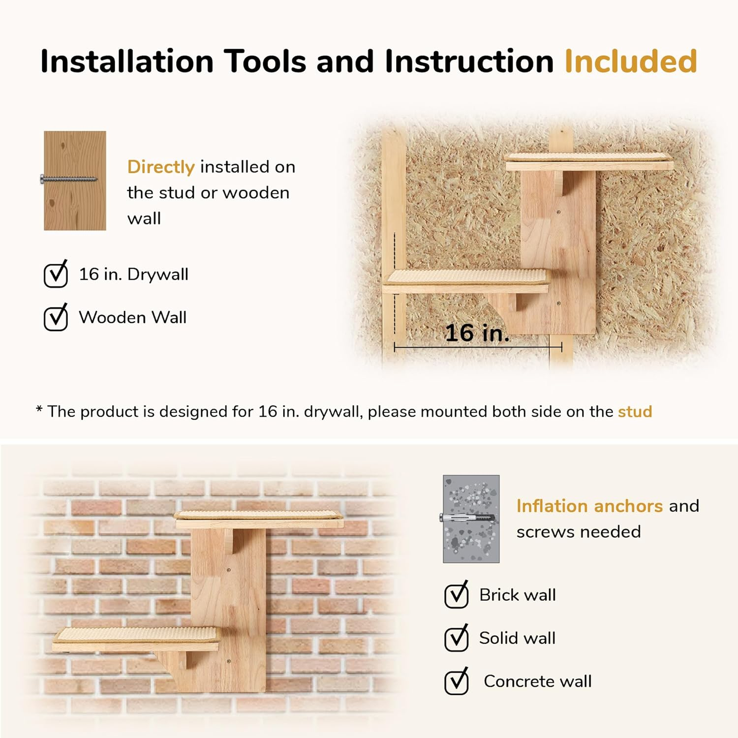 Tree-Shaped Cat Wall Shelves with Sisal Scratching Mat - Sturdy Rubber Wood Climbing Furniture for Large Cats (Holds up to 10 lbs)