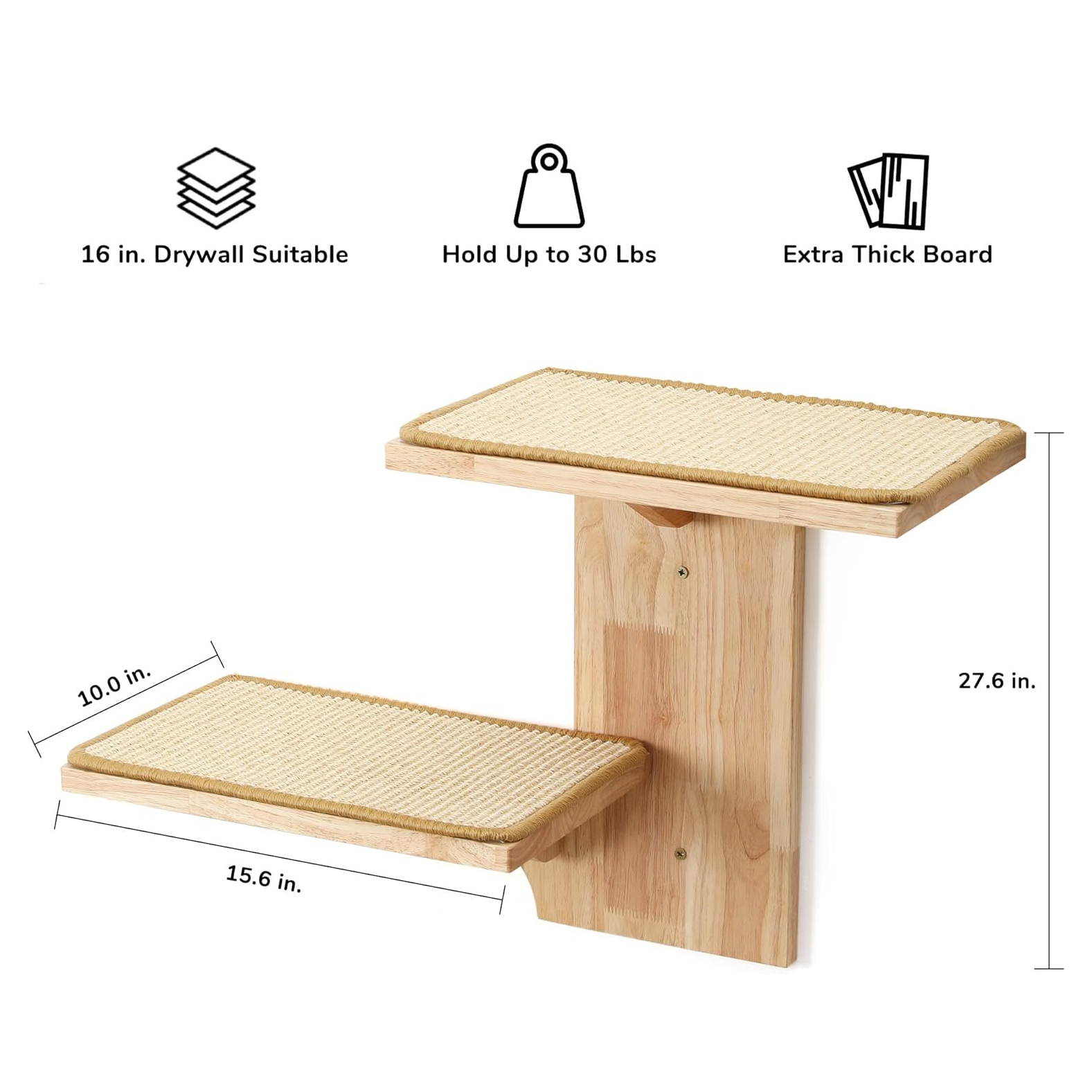 Tree-Shaped Cat Wall Shelves with Sisal Scratching Mat - Sturdy Rubber Wood Climbing Furniture for Large Cats (Holds up to 10 lbs)