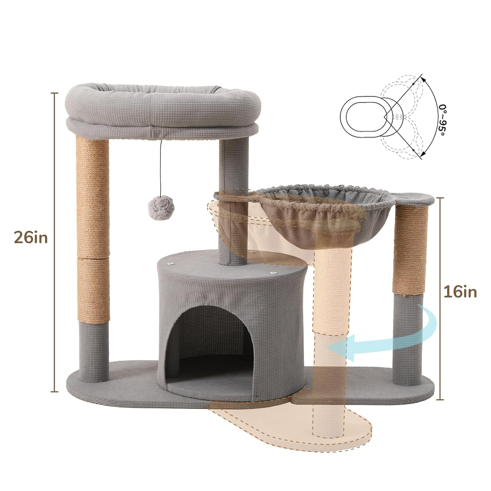 Modern Grey 4-in-1 Cat Tree Tower with Rotating Hammock, Condo, Cave & Scratching Post