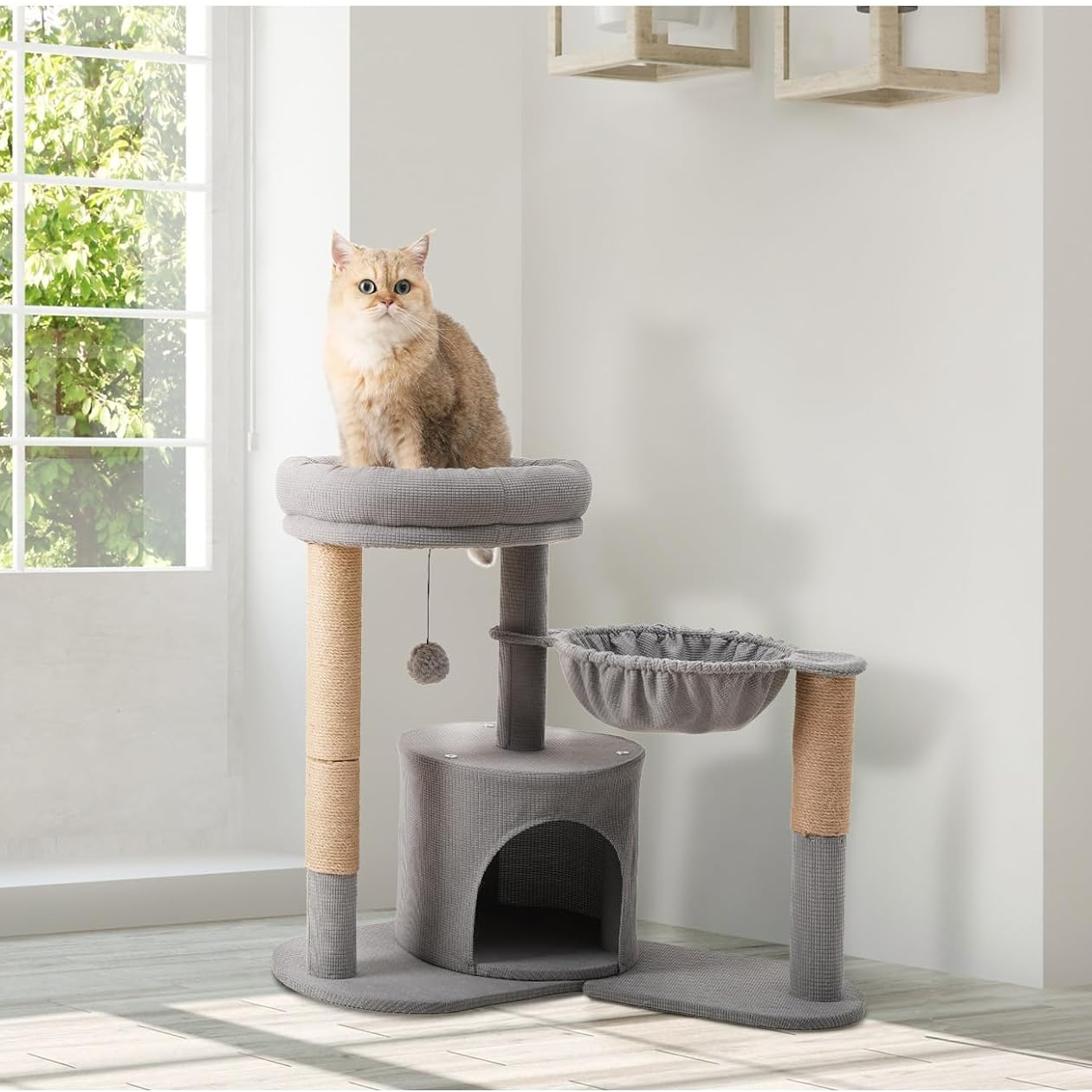 Modern Grey 4-in-1 Cat Tree Tower with Rotating Hammock, Condo, Cave & Scratching Post