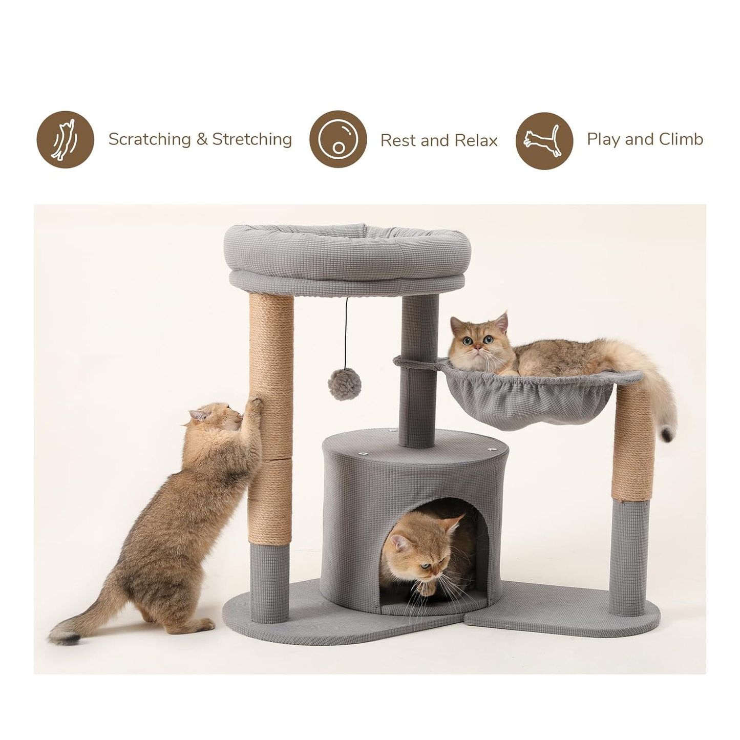Modern Grey 4-in-1 Cat Tree Tower with Rotating Hammock, Condo, Cave & Scratching Post