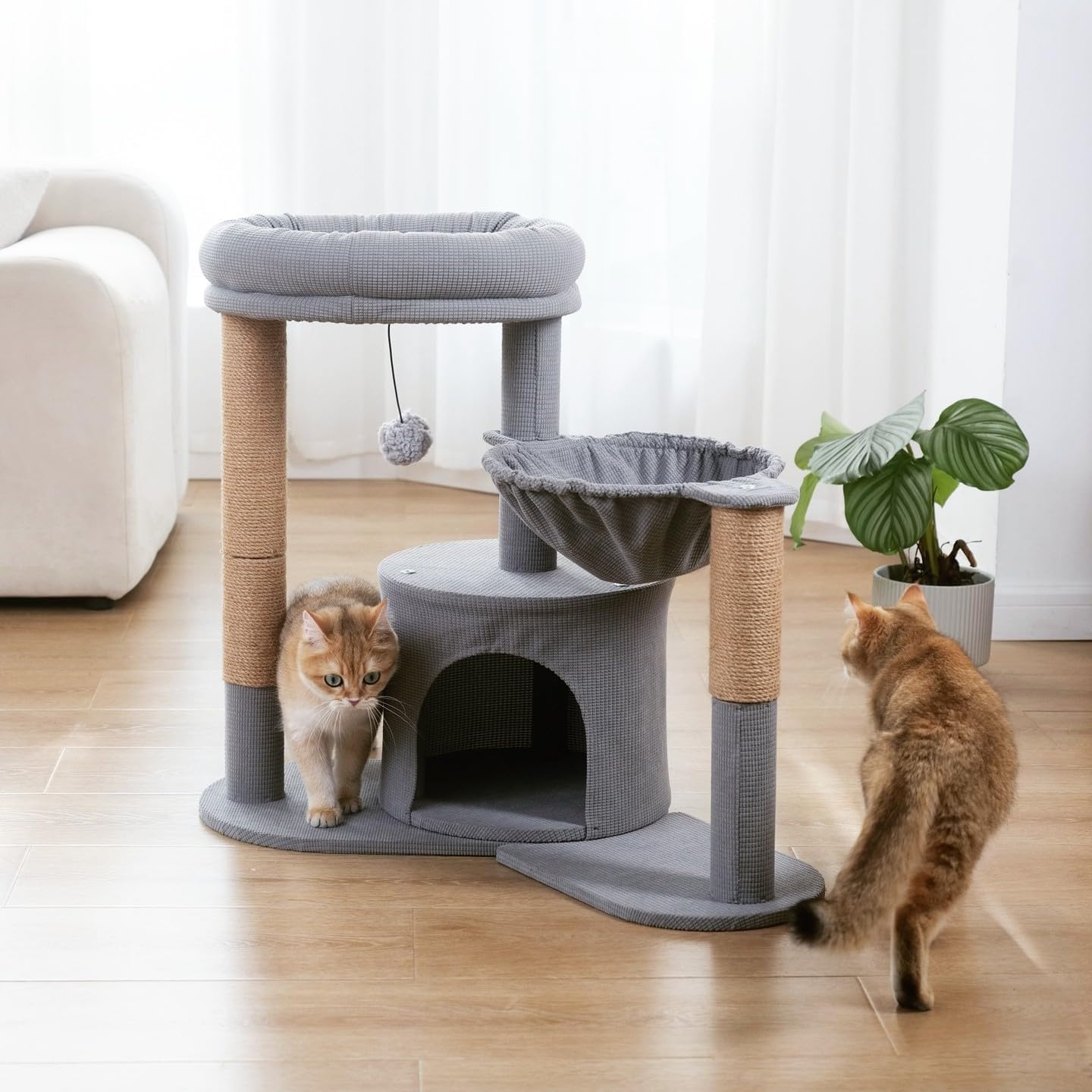 Modern Grey 4-in-1 Cat Tree Tower with Rotating Hammock, Condo, Cave & Scratching Post