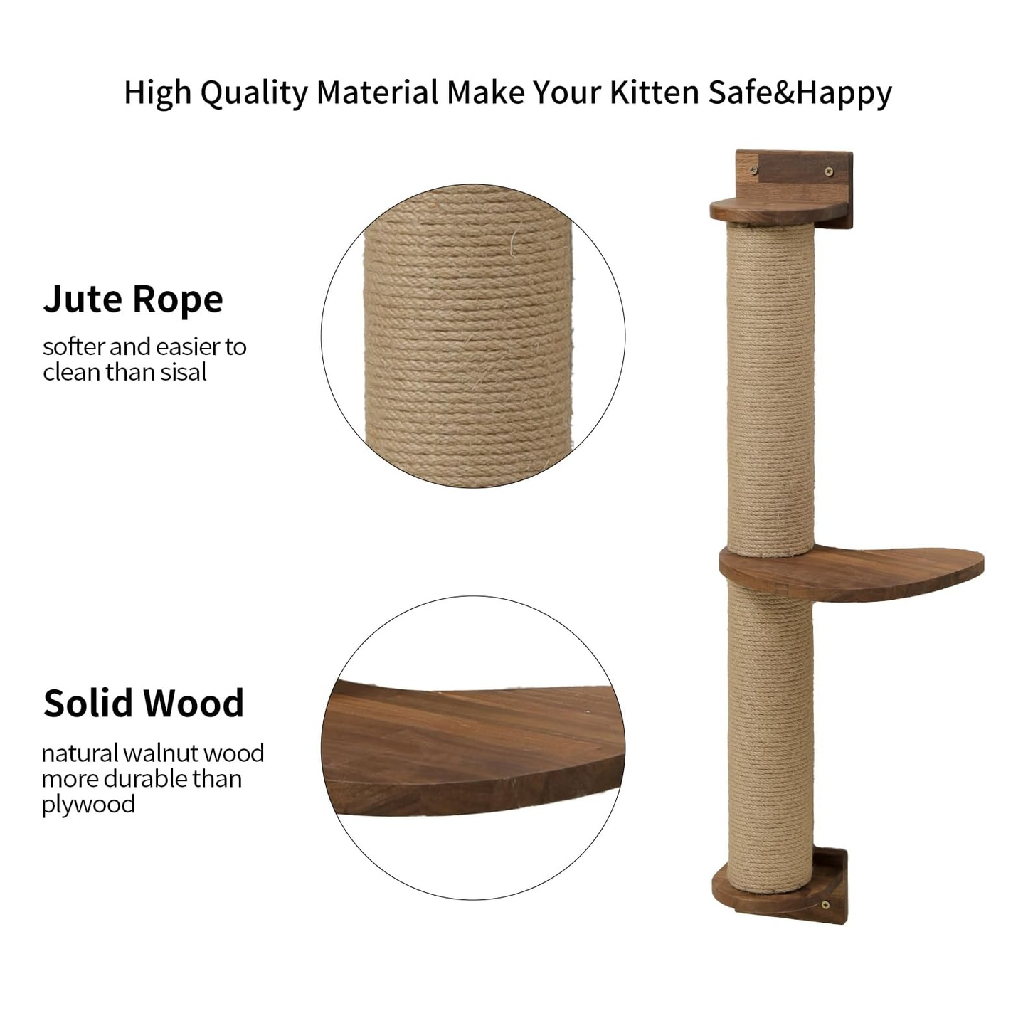 Large Solid Walnut Wood Cat Wall Activity Tree with Scratching Posts & Unique Pedal