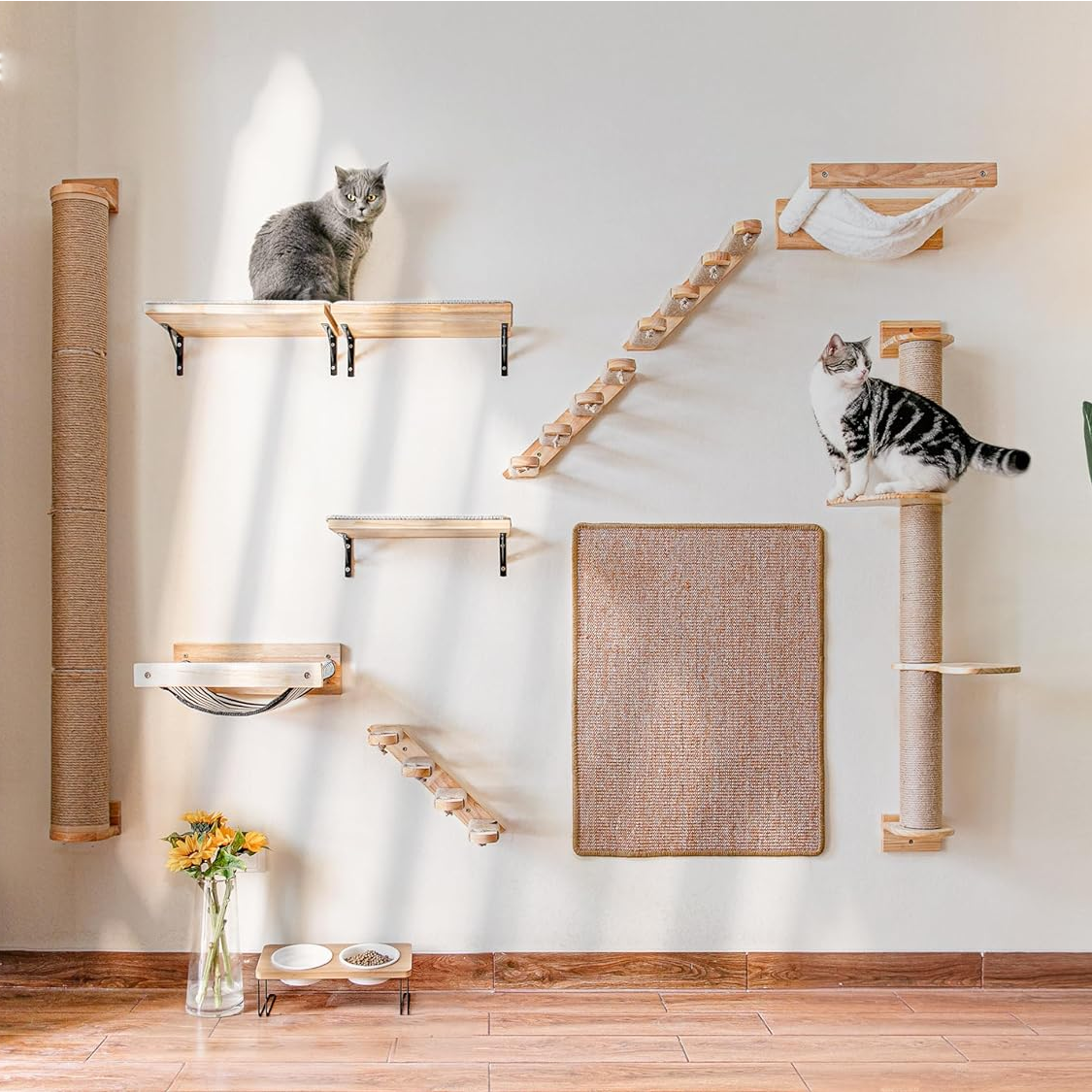 Wall-Mounted Cat Scratching Tree: 36" Double-Sided, Replaceable Sisal, Rubber Wood
