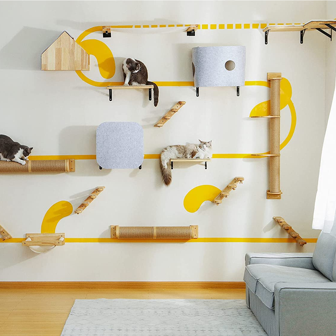 Wall-Mounted Cat Scratching Tree: 36" Double-Sided, Replaceable Sisal, Rubber Wood