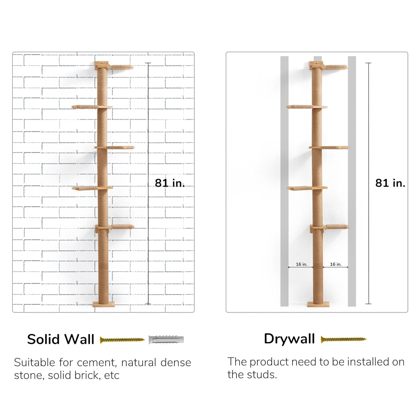 Wall-Mounted Cat Tree Tower with Scratching Post (81-Inch 5-Tier ). Customizable & Space-Saving Design