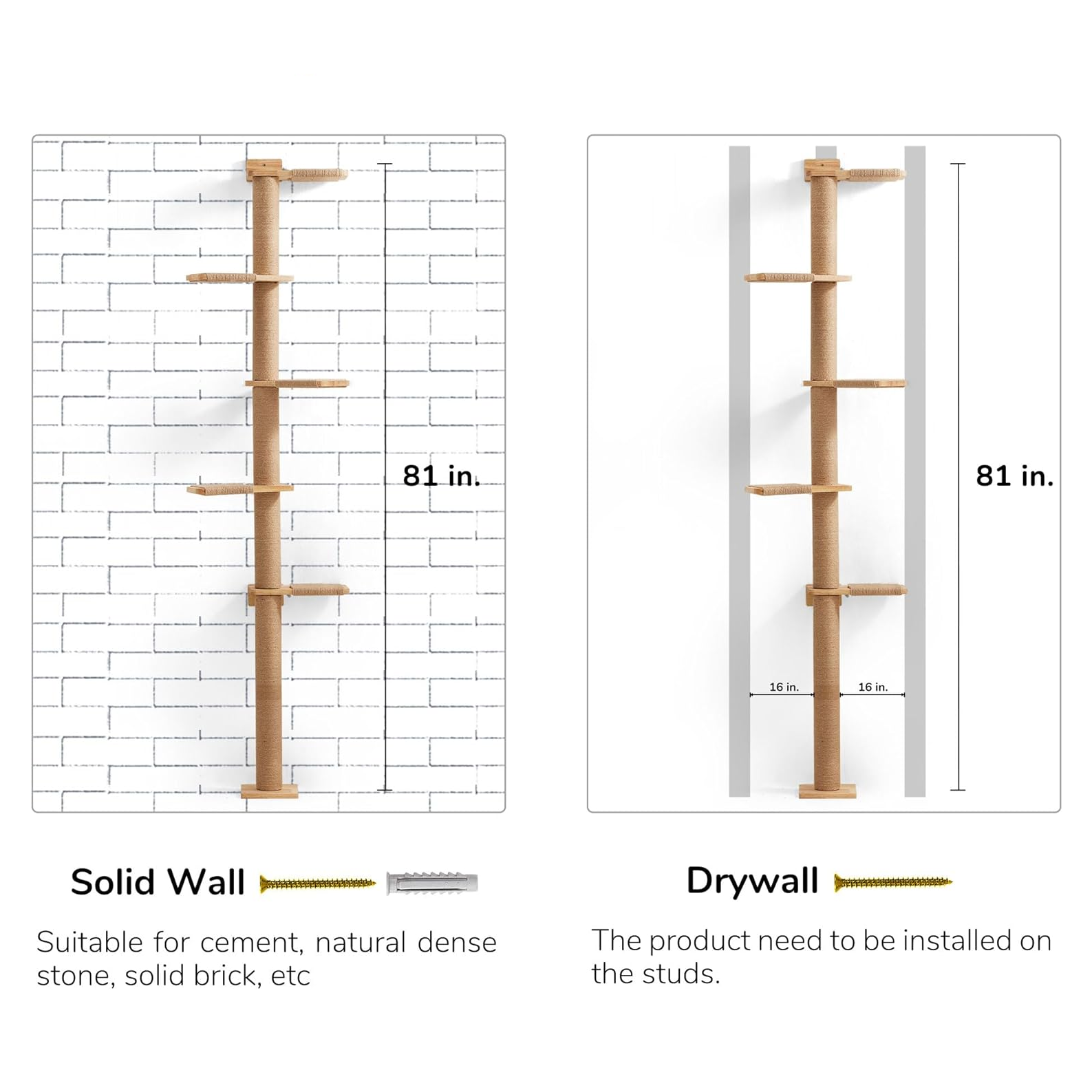 Wall-Mounted Cat Tree Tower with Scratching Post (81-Inch 5-Tier ). Customizable & Space-Saving Design