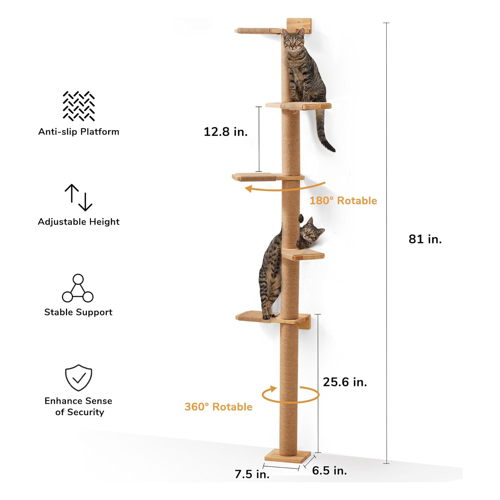 Wall-Mounted Cat Tree Tower with Scratching Post (81-Inch 5-Tier ). Customizable & Space-Saving Design