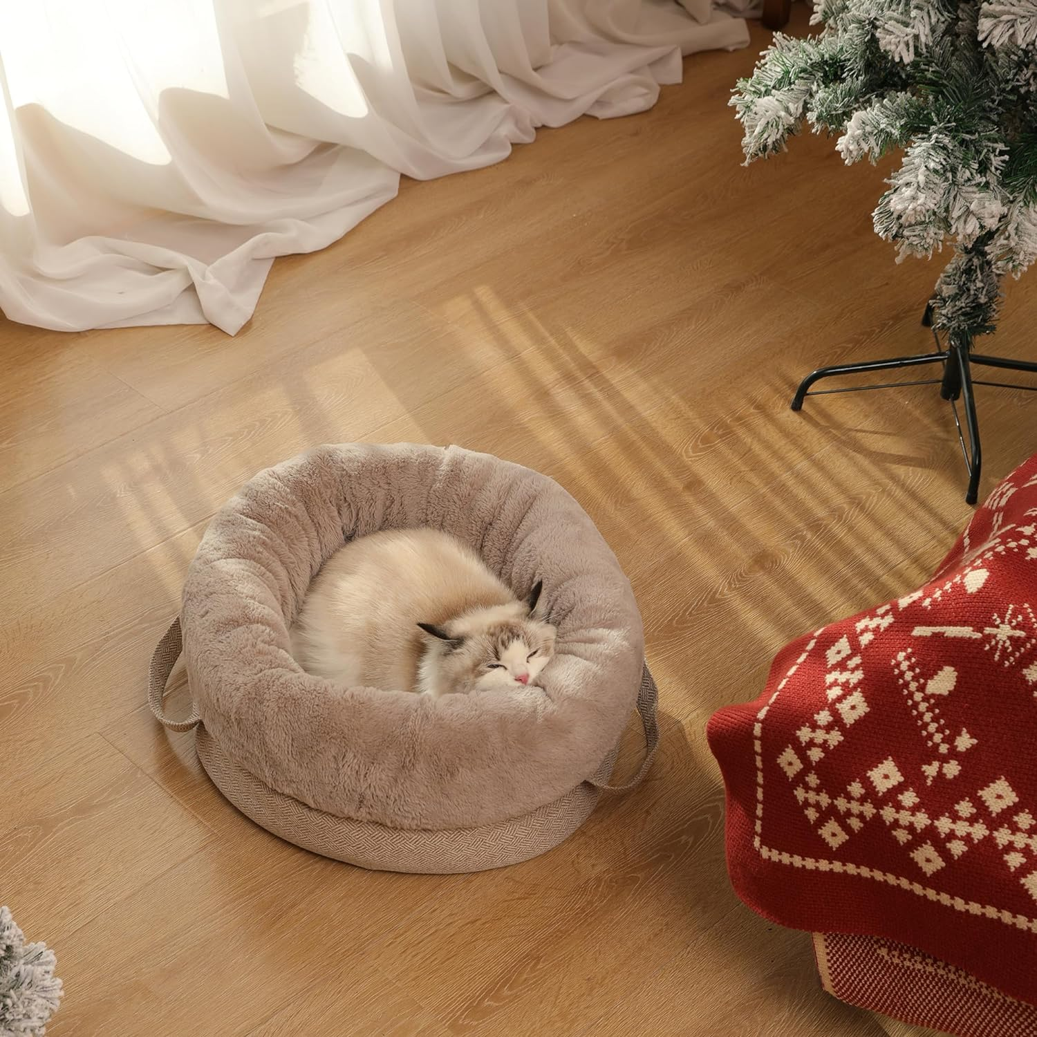 Reversible Cat Bed for Indoor Cats, Deep Sleep Puppy Bed, Multi-Season Kitten Bed, Roomy Small Dog/Bunny Bed