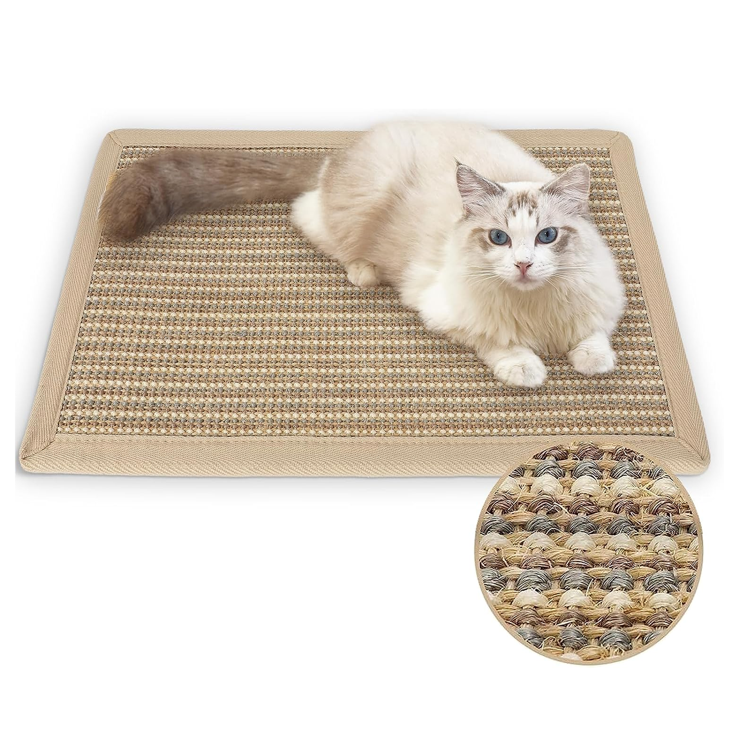 Natural Sisal Cat Scratching Mat - 19.6" x 11.8" Horizontal Floor Scratch Pad for Carpet & Furniture Protection - Beige