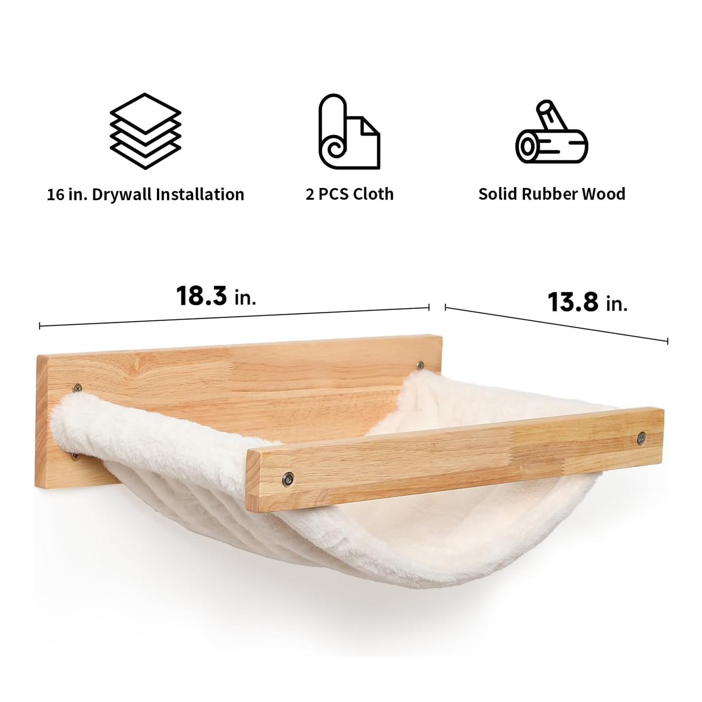 Sturdy Wall-Mounted Cat Hammock, 18" x 14", with Extra Cloth, for 16" Drywall - Supports up to 30 lbs