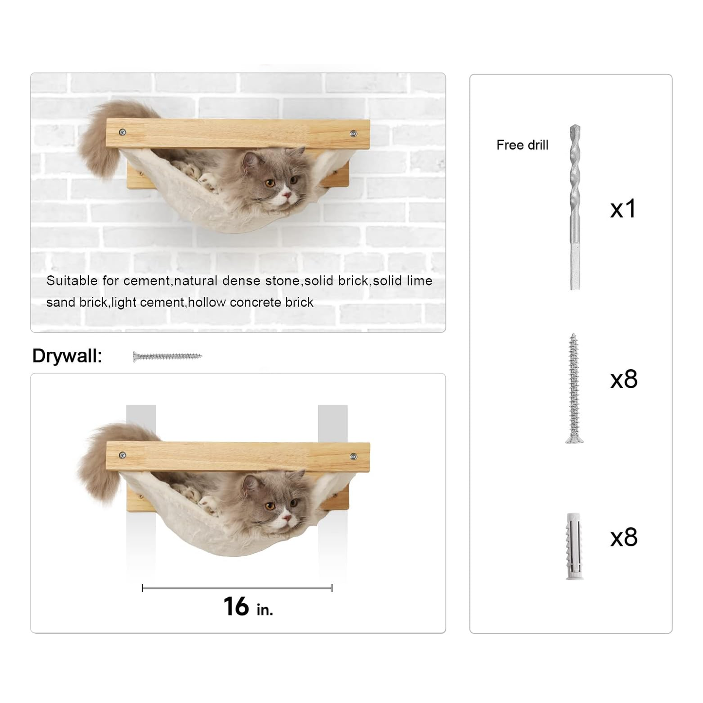 Sturdy Wall-Mounted Cat Hammock, 18" x 14", with Extra Cloth, for 16" Drywall - Supports up to 30 lbs