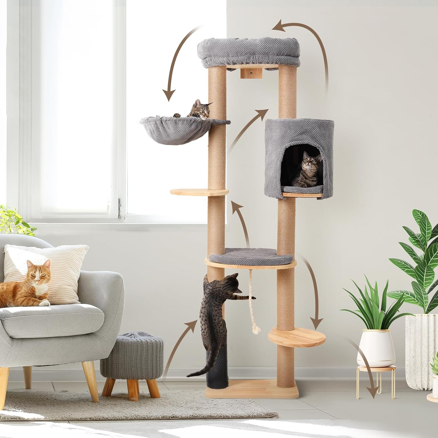 Wall-Mounted Cat Tree Tower with Scratch-Resistant Fabric and Sisal Rope (74-Inch). Multi-Level Cat Condo and Activity Center for Indoor Cats