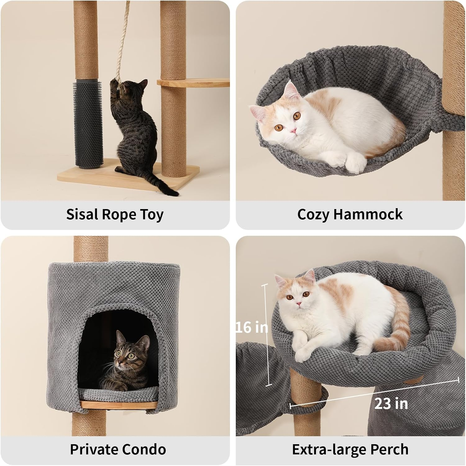 Wall-Mounted Cat Tree Tower with Scratch-Resistant Fabric and Sisal Rope (74-Inch). Multi-Level Cat Condo and Activity Center for Indoor Cats
