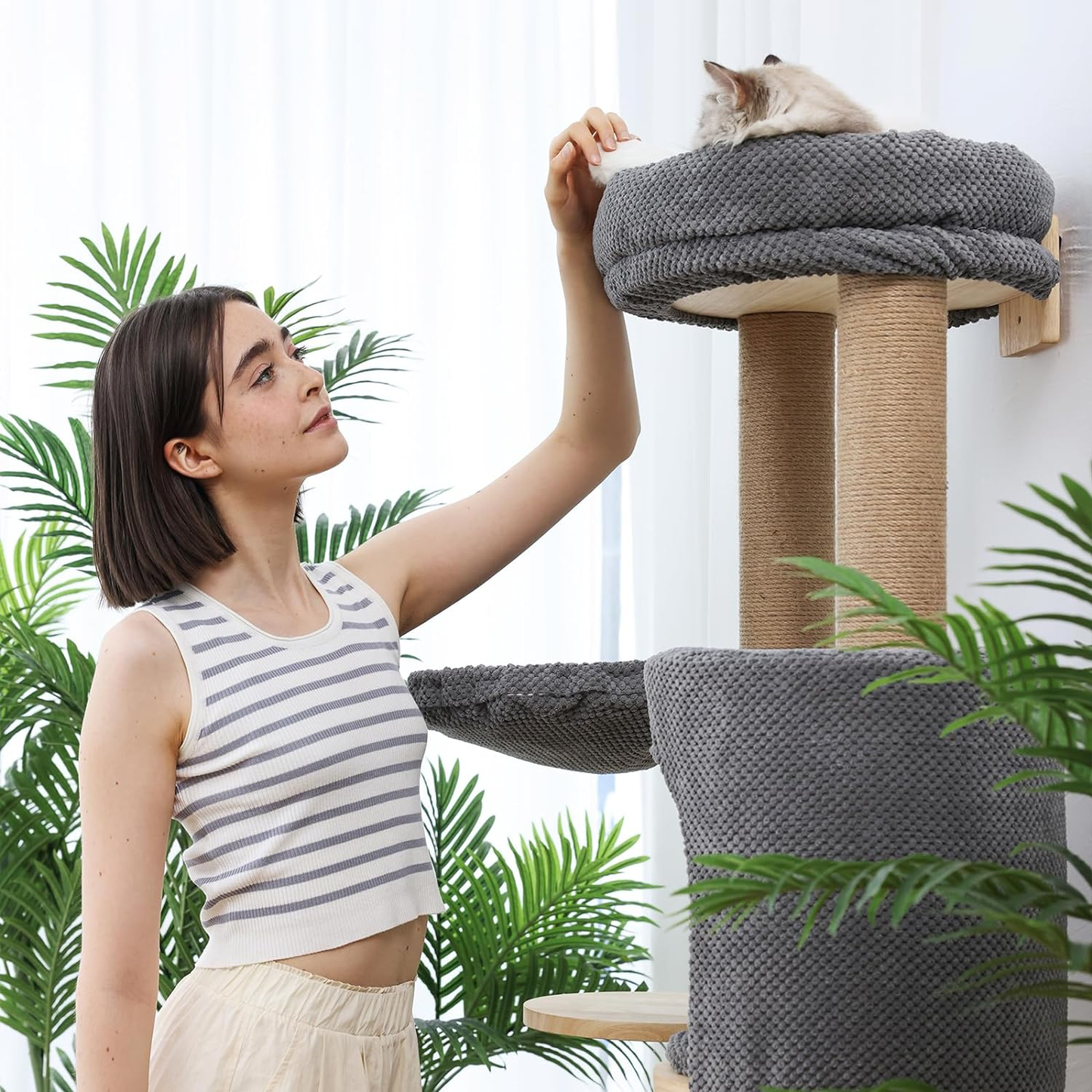 Wall-Mounted Cat Tree Tower with Scratch-Resistant Fabric and Sisal Rope (74-Inch). Multi-Level Cat Condo and Activity Center for Indoor Cats