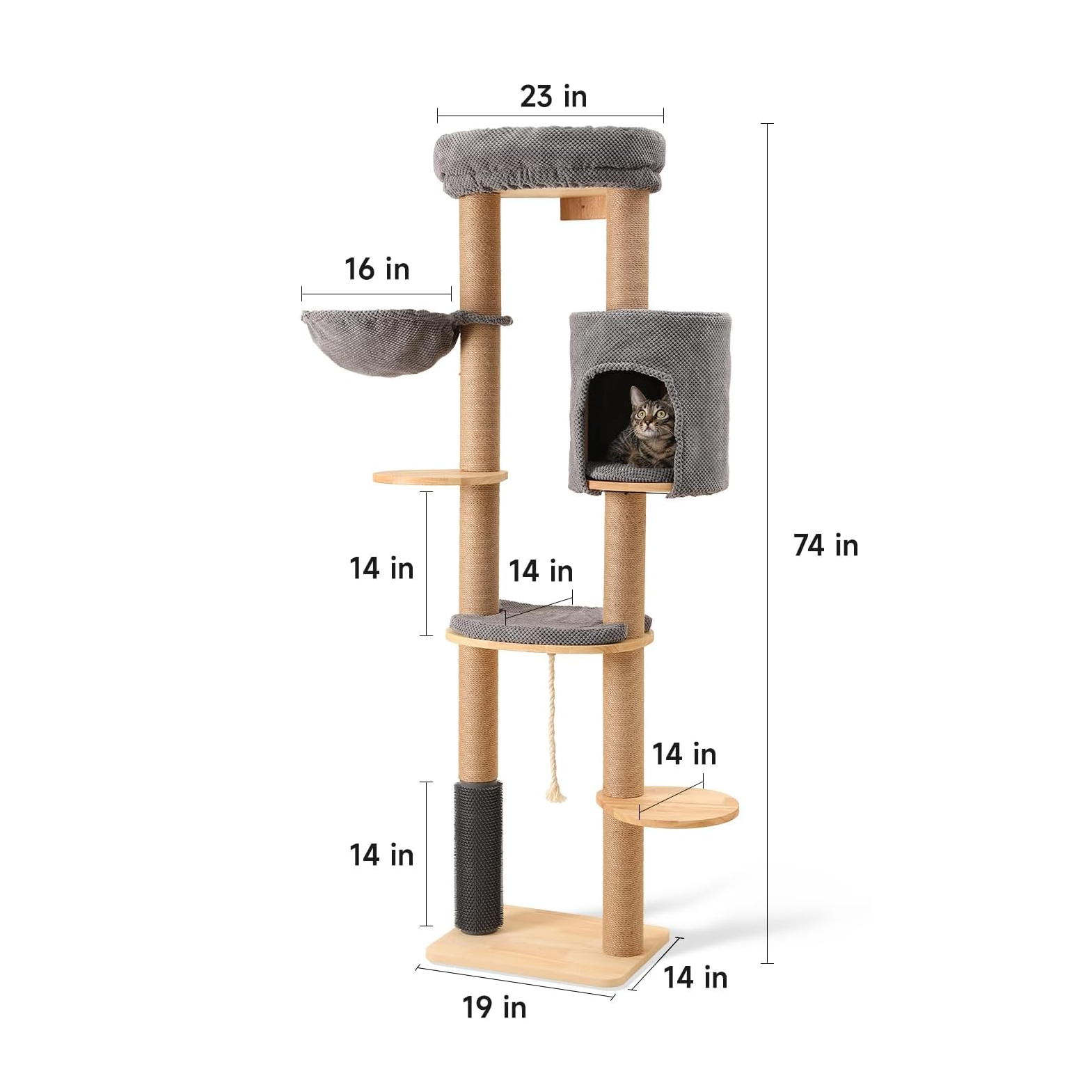 Wall-Mounted Cat Tree Tower with Scratch-Resistant Fabric and Sisal Rope (74-Inch). Multi-Level Cat Condo and Activity Center for Indoor Cats