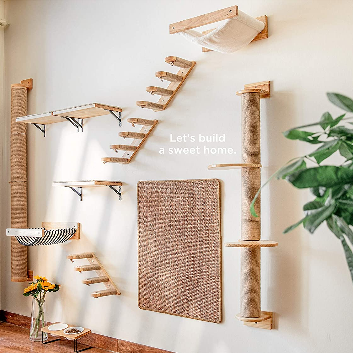 Wooden Cat Wall Climber with Scratching Posts - Four Steps, Space-Saving Design