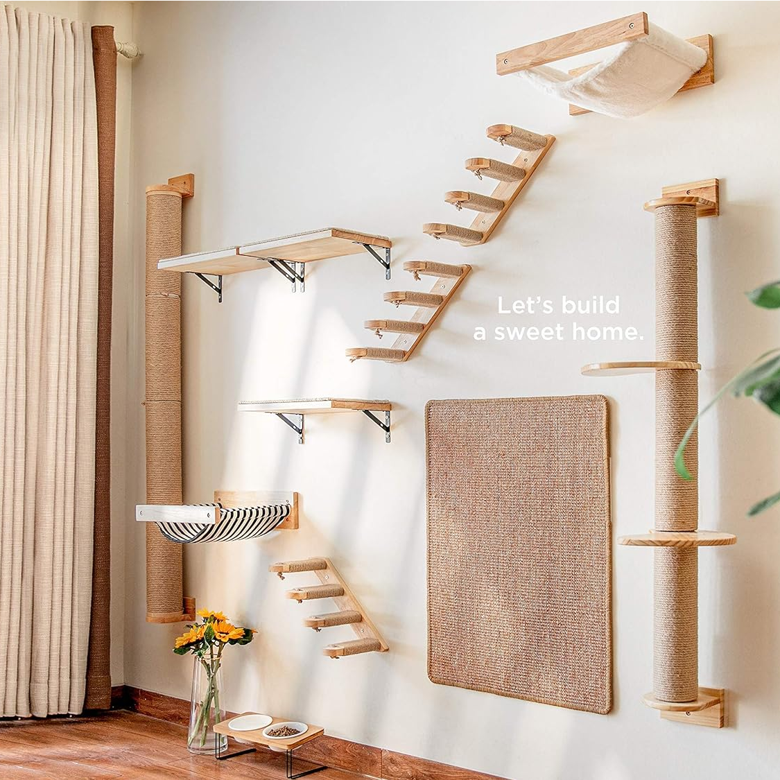 Wall Mounted Cat Hammock & Climbing Shelves with Soft White Flannel Bed (Holds 30lbs)