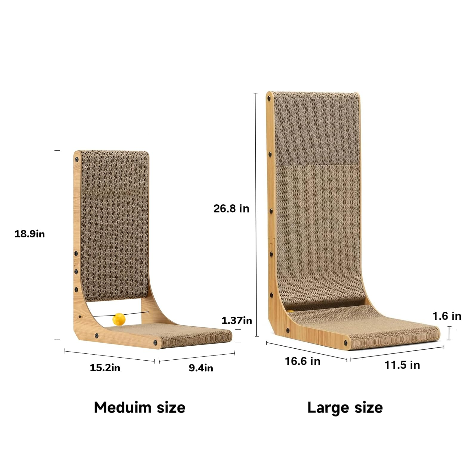 L-Shaped Cat Scratcher Lounge with Ball Toy, 18.9-Inch, Multi-Position, Wall-Mountable, Eco-Friendly Cardboard