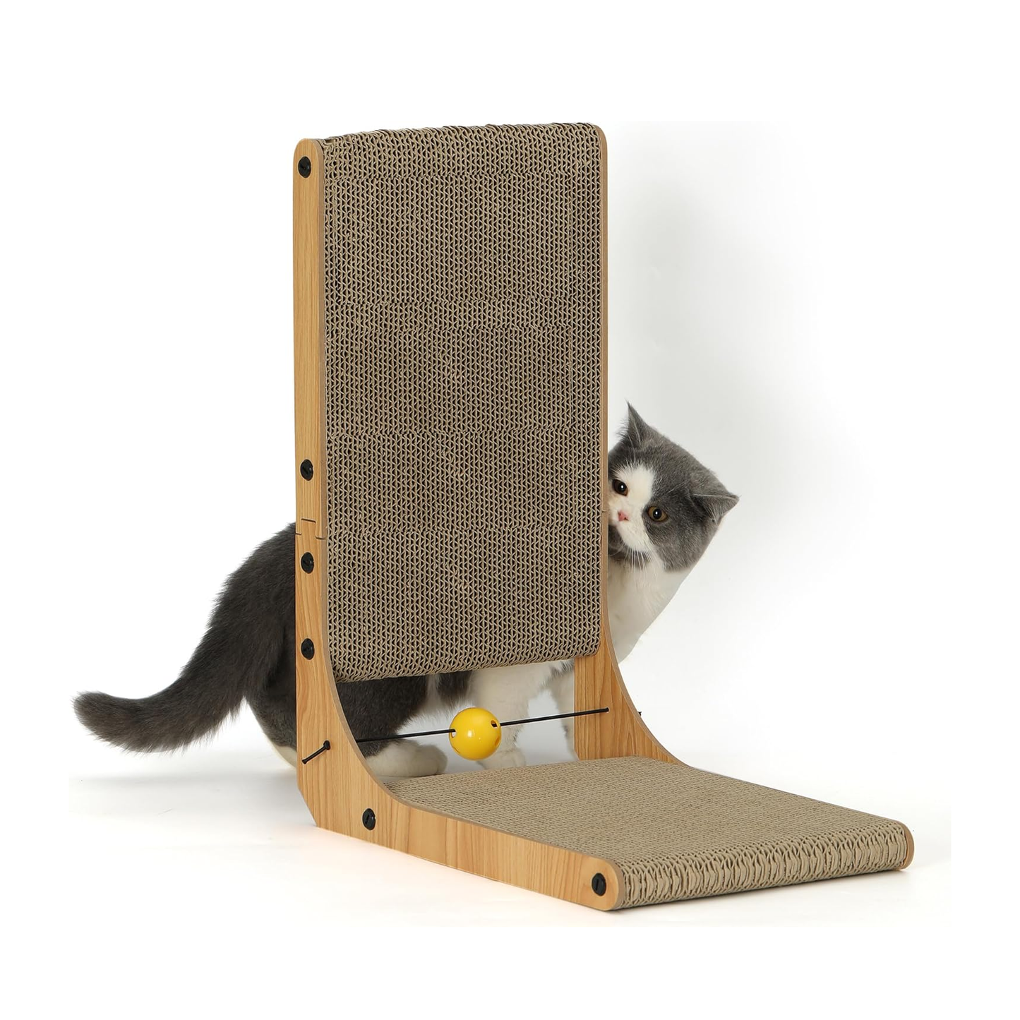 L-Shaped Cat Scratcher Lounge with Ball Toy, 18.9-Inch, Multi-Position, Wall-Mountable, Eco-Friendly Cardboard