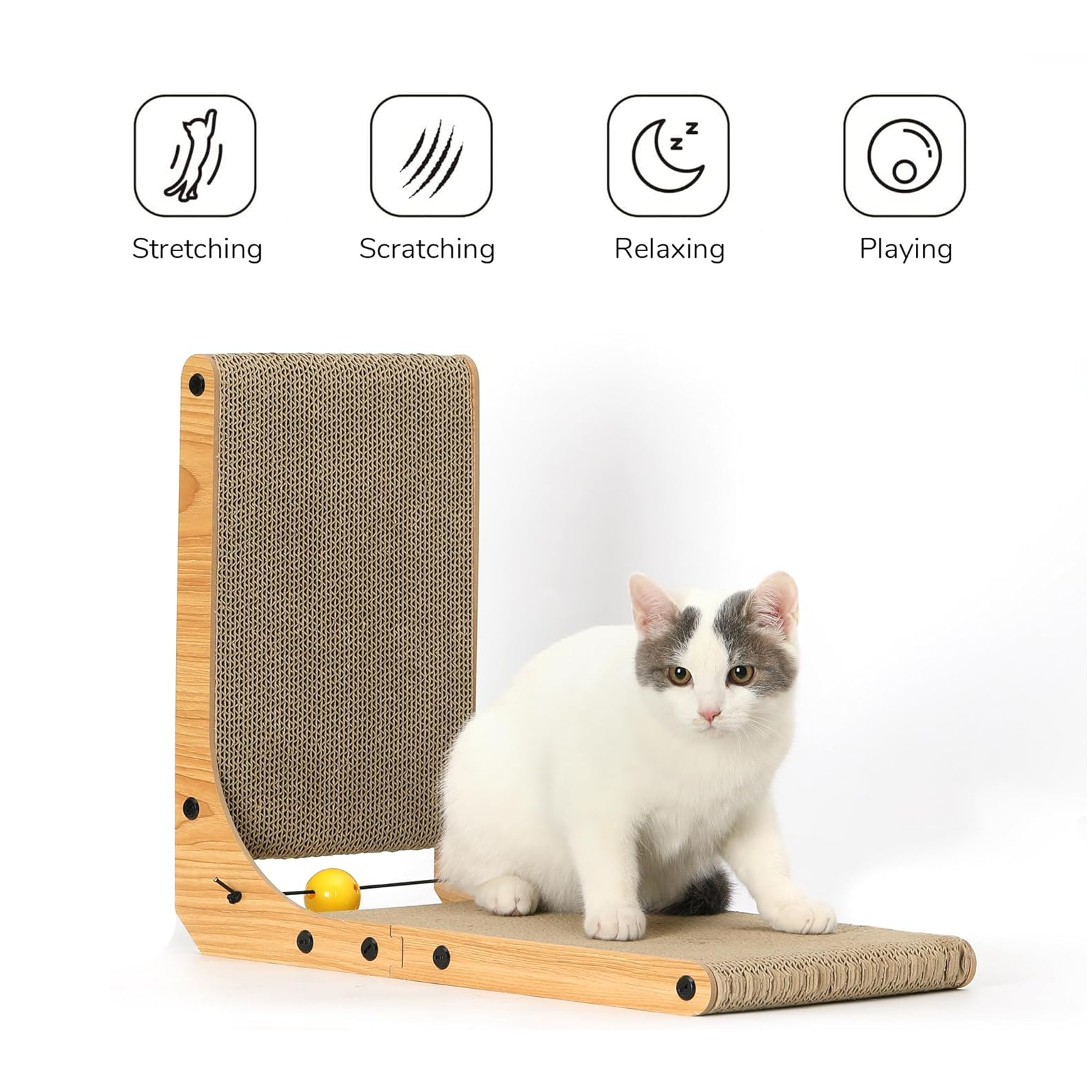 L-Shaped Cat Scratcher Lounge with Ball Toy, 18.9-Inch, Multi-Position, Wall-Mountable, Eco-Friendly Cardboard