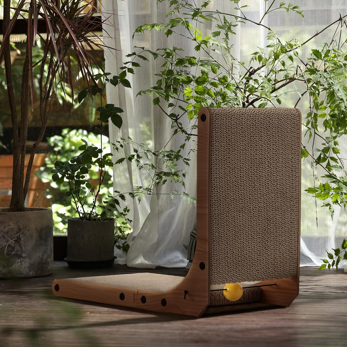 L-Shaped Cat Scratcher Lounge with Ball Toy, 18.9-Inch, Multi-Position, Wall-Mountable, Eco-Friendly Cardboard