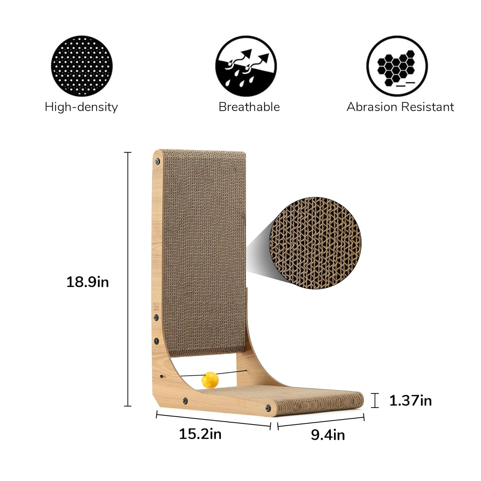 L-Shaped Cat Scratcher Lounge with Ball Toy, 18.9-Inch, Multi-Position, Wall-Mountable, Eco-Friendly Cardboard