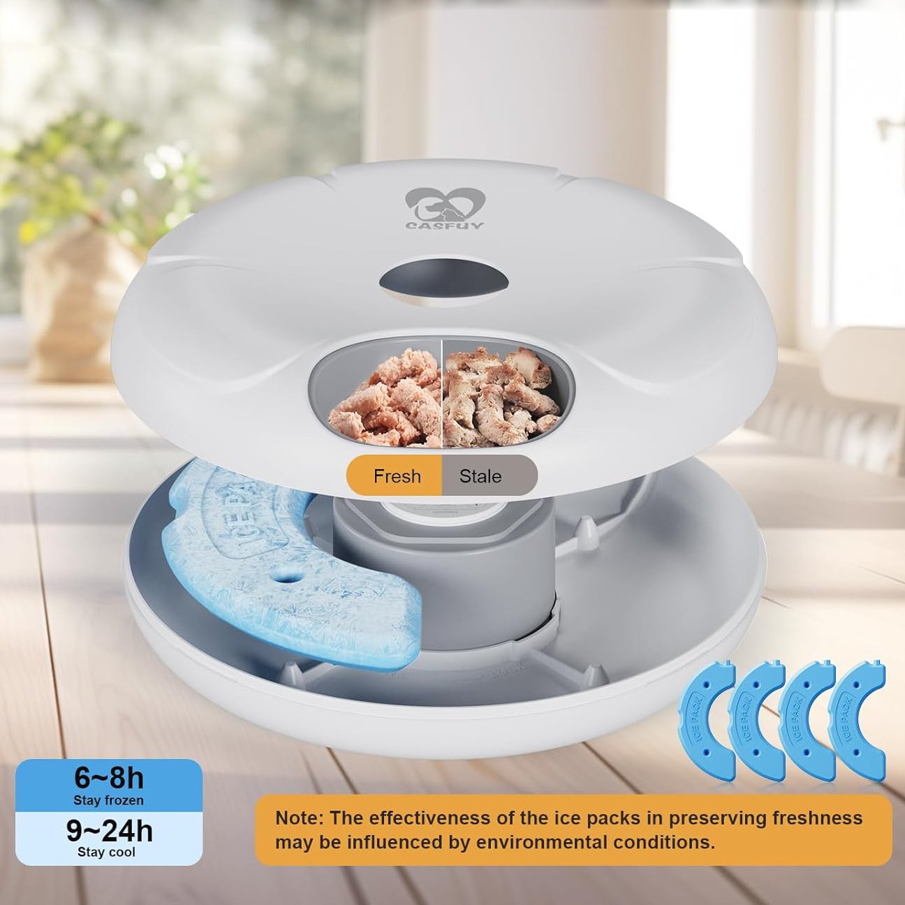 Cordless 6-Meal Automatic Pet Feeder with Ice Packs for Wet and Dry Food, Programmable Timer & Low Battery Indicator