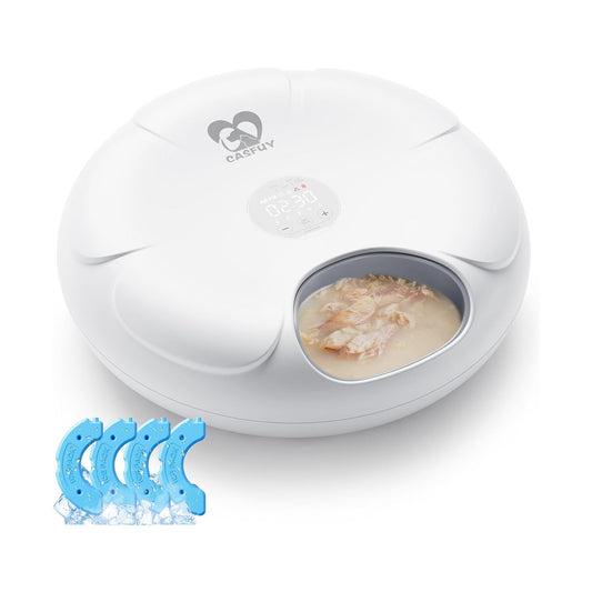 Cordless 6-Meal Automatic Pet Feeder with Ice Packs for Wet and Dry Food, Programmable Timer & Low Battery Indicator