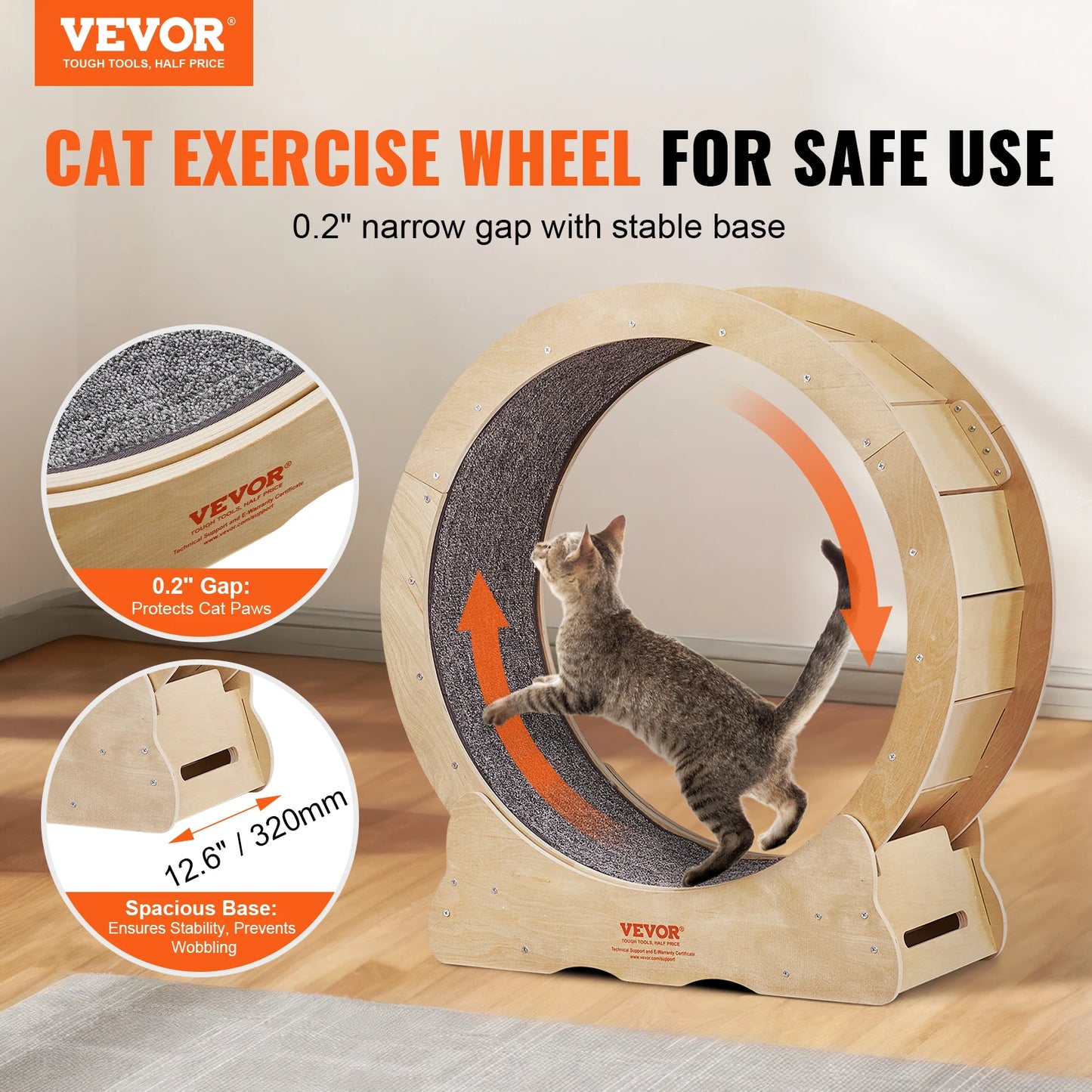 Silent Cat Exercise Wheel & Bed - Natural Solid Wood, All Sizes, Detachable Carpet, Reduces Paw Injuries