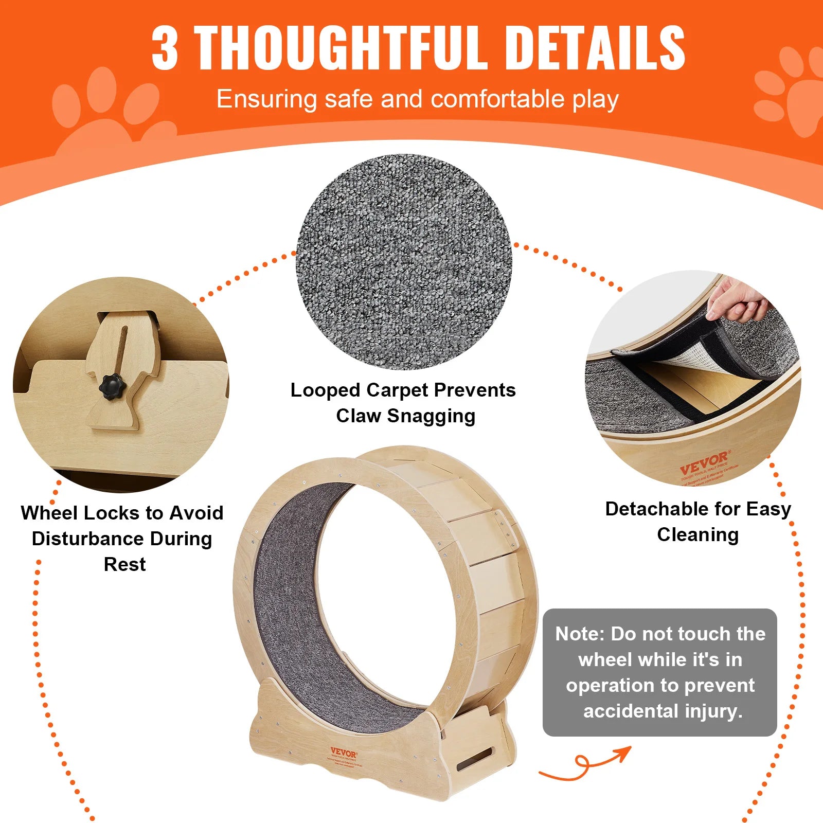 Silent Cat Exercise Wheel & Bed - Natural Solid Wood, All Sizes, Detachable Carpet, Reduces Paw Injuries